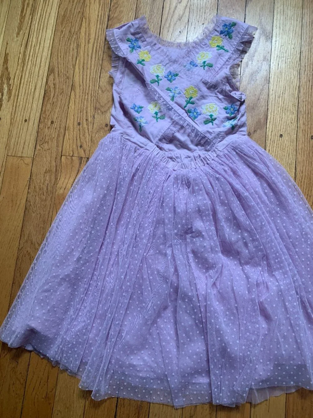Mini Boden Girls Embroidered Cross-Back Tulle Dress Lavender - Picture 3 of 5